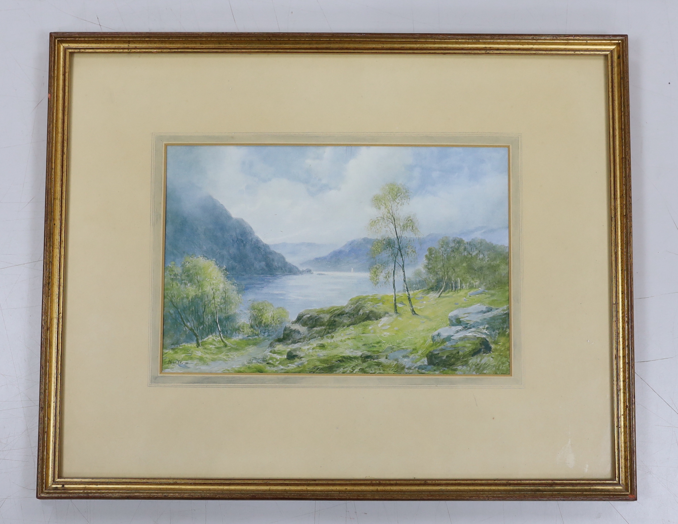 John Macwhirter RA (Scottish, 1839-1911), watercolour, Mountainous highland loch scene, signed, 20 x 29cm